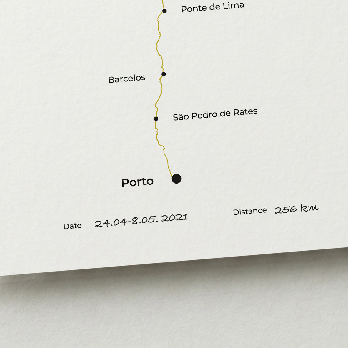 Personalized Camino Portugués Central map poster with handwritten date and distance details.