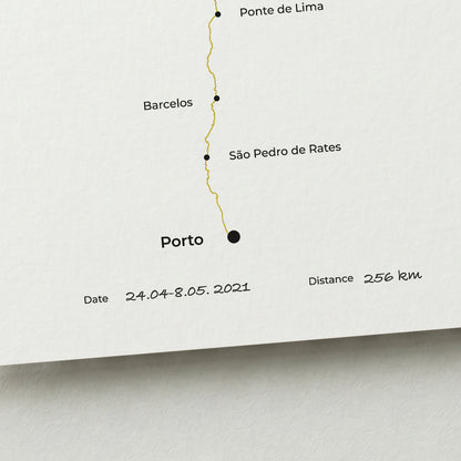 Personalized Camino Portugués Central map poster with handwritten date and distance details.
