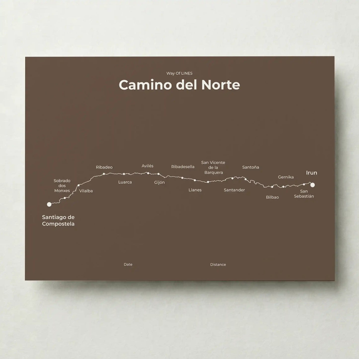 Minimalist Camino del Norte map poster in ashen clay color.