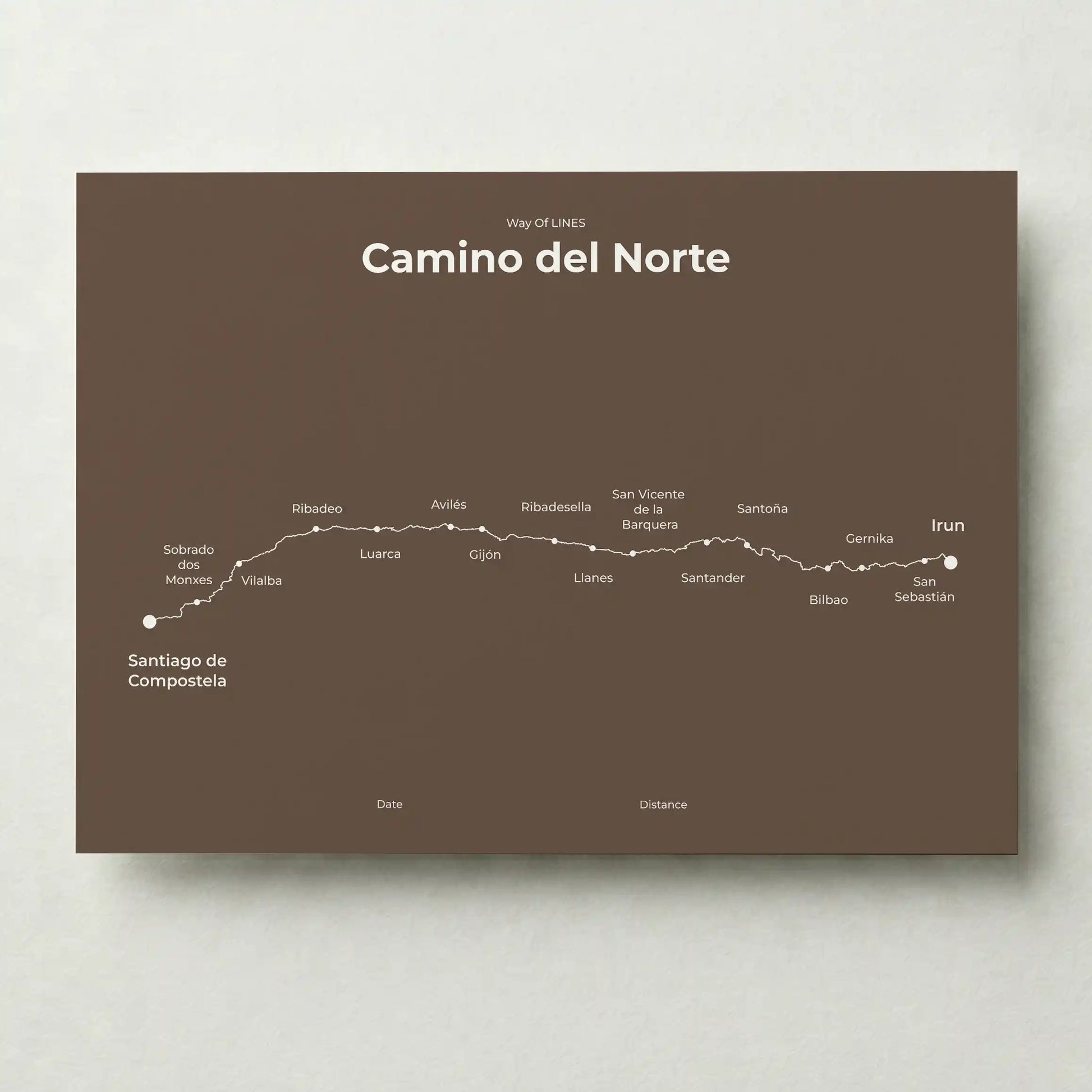Minimalist Camino del Norte map poster in ashen clay color.