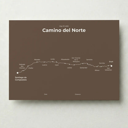 Minimalist Camino del Norte map poster in ashen clay color.