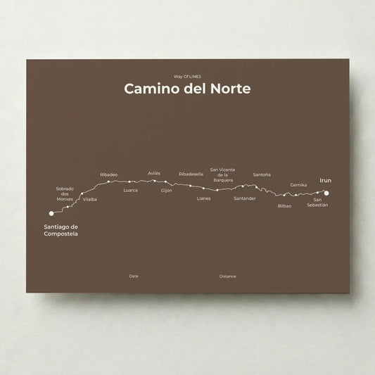 Minimalist Camino del Norte map poster in ashen clay color.