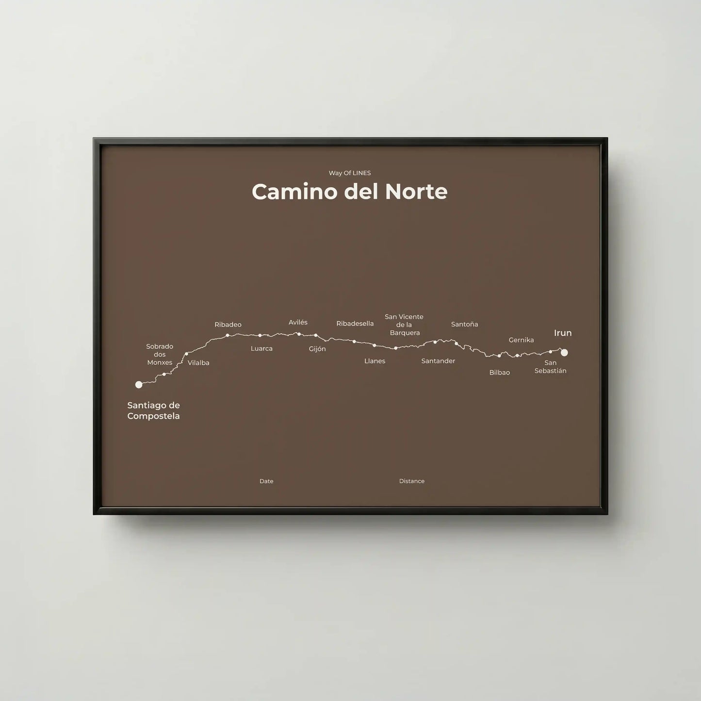 Minimalist Camino del Norte map poster in ashen clay color, frame mockup.