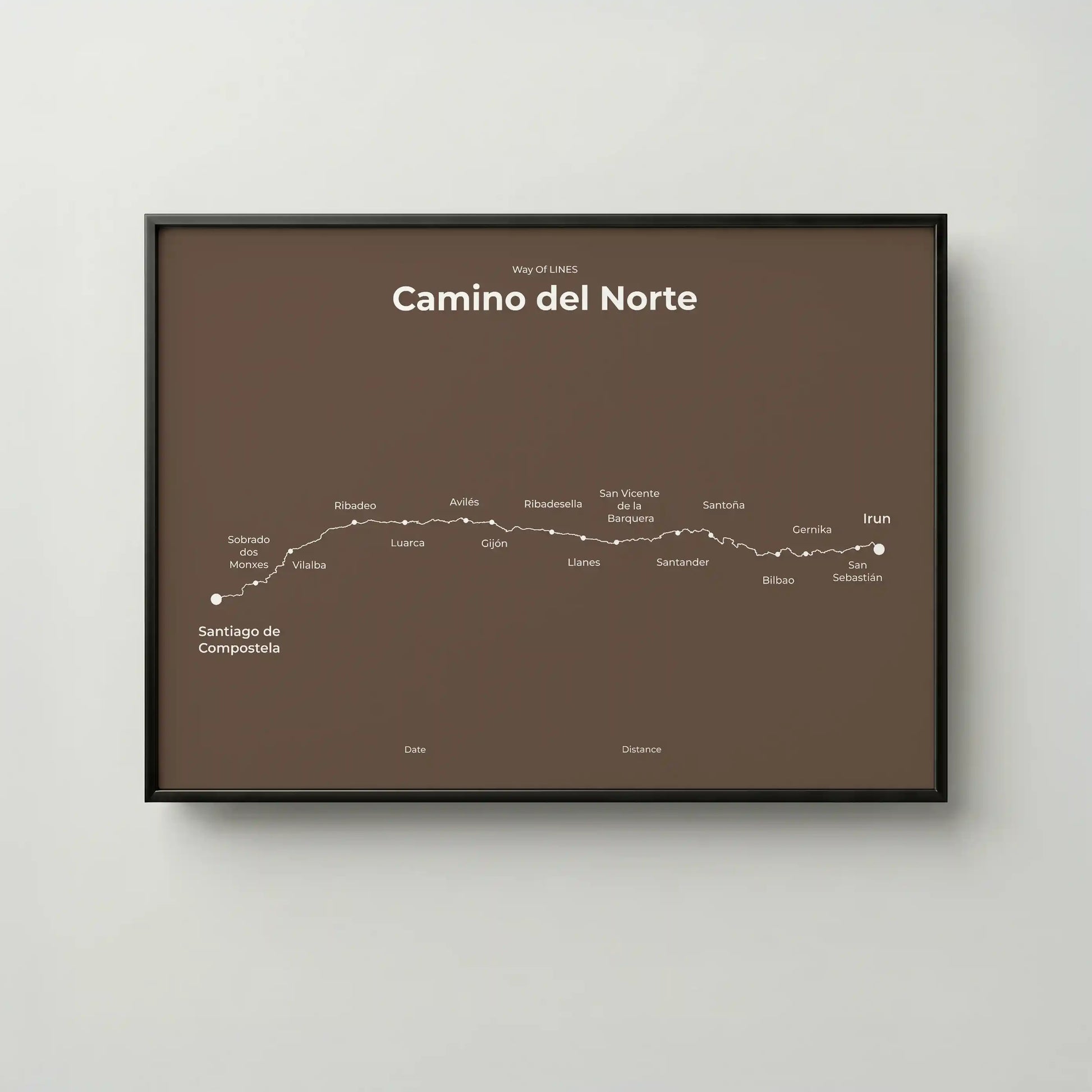 Minimalist Camino del Norte map poster in ashen clay color, frame mockup.