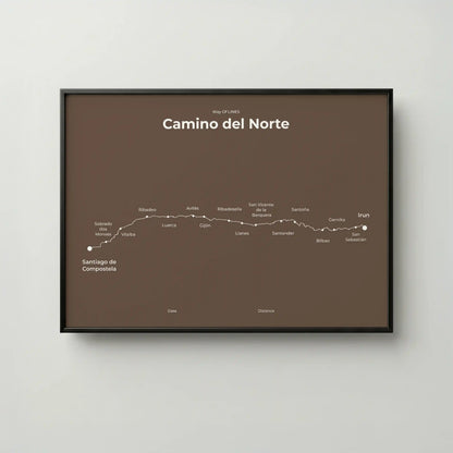 Minimalist Camino del Norte map poster in ashen clay color, frame mockup.