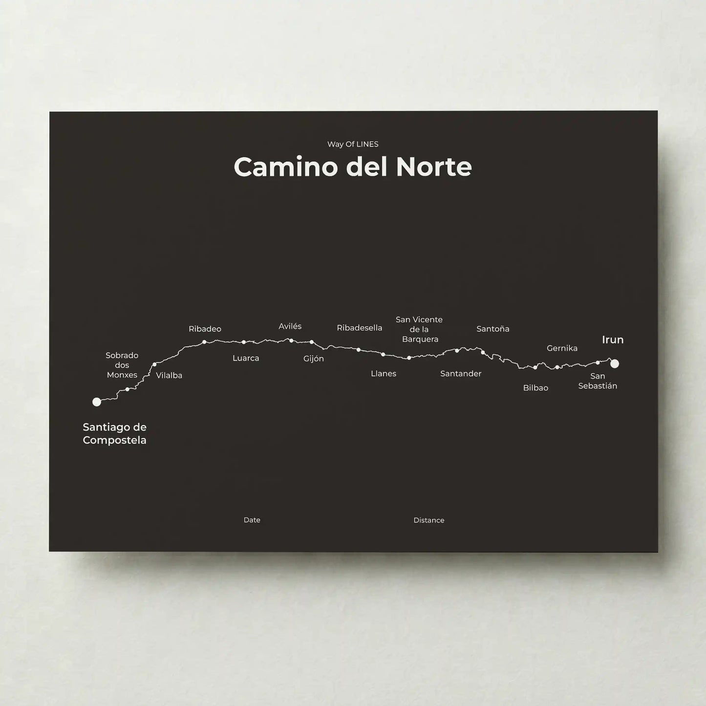 Minimalist Camino del Norte map poster in deep bark color.