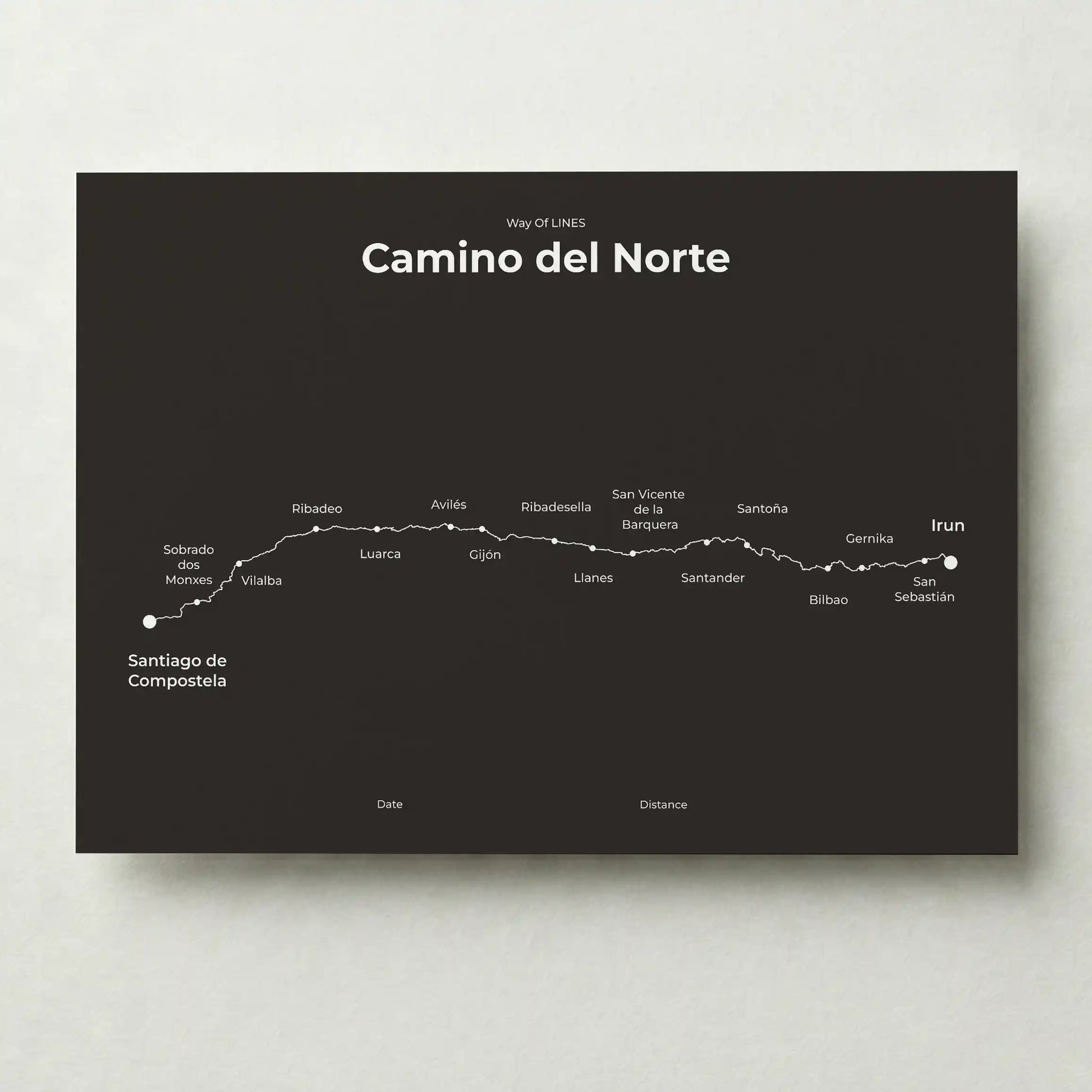 Minimalist Camino del Norte map poster in deep bark color.