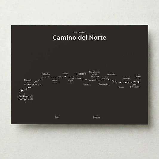 Minimalist Camino del Norte map poster in deep bark color.