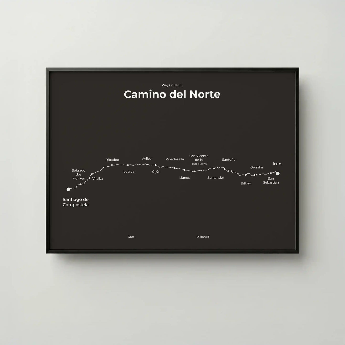 Minimalist Camino del Norte map poster in deep bark color, frame mockup.