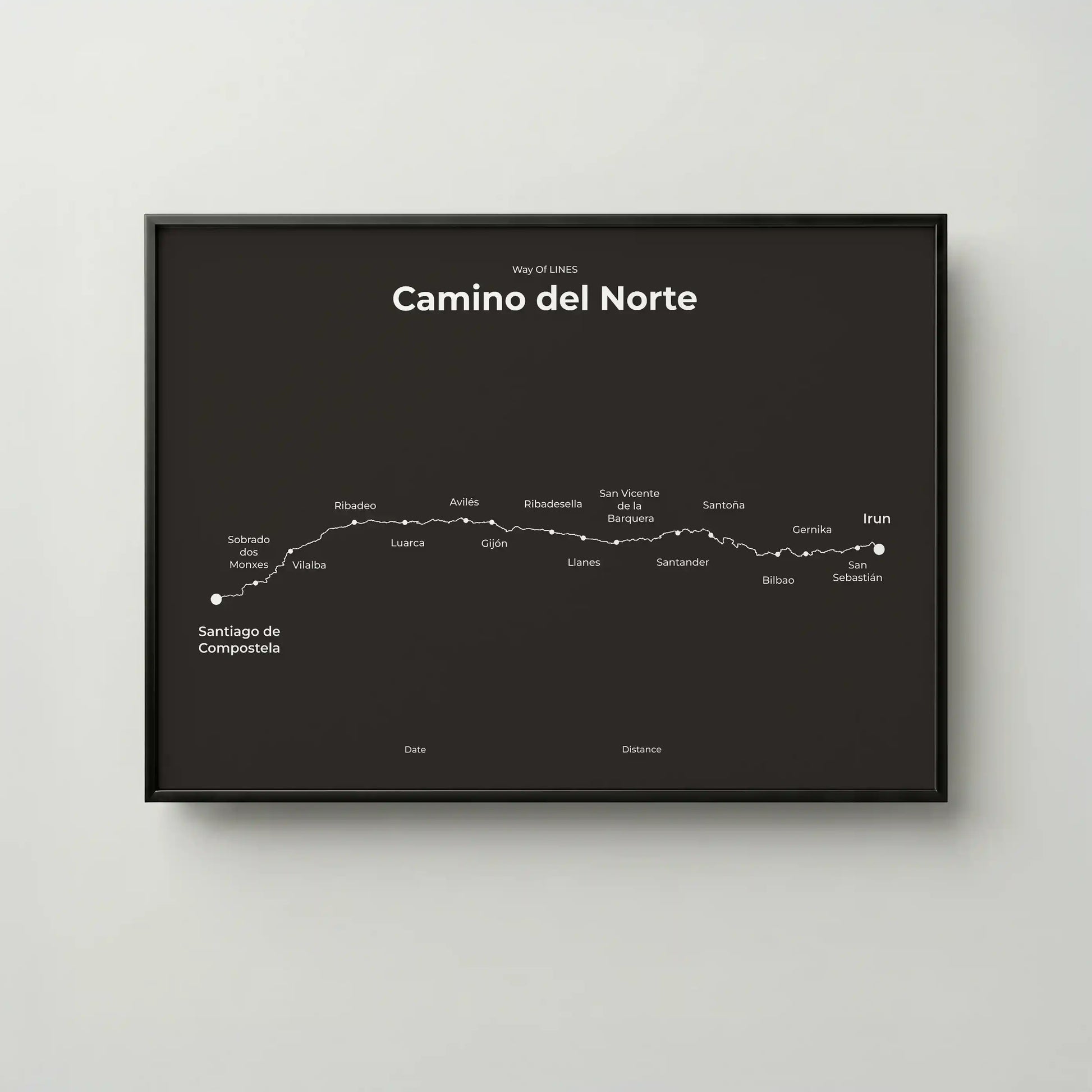 Minimalist Camino del Norte map poster in deep bark color, frame mockup.