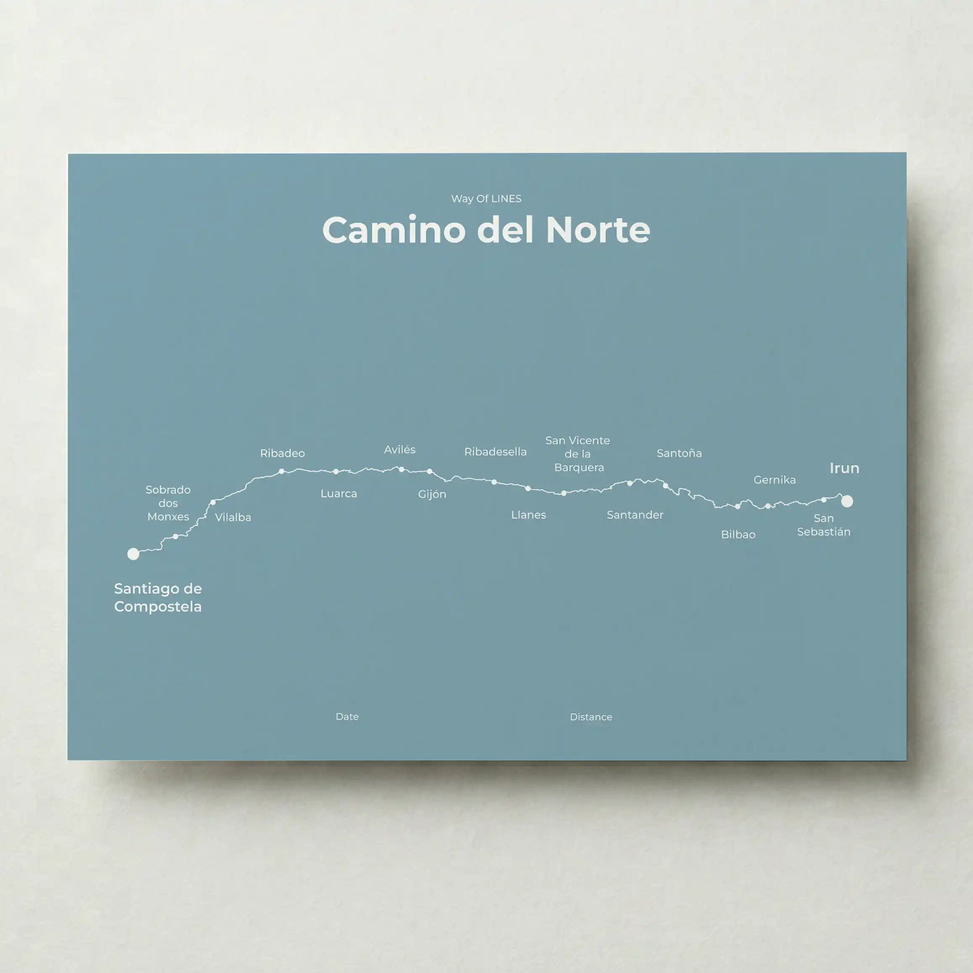Minimalist Camino del Norte map poster in high mist color.