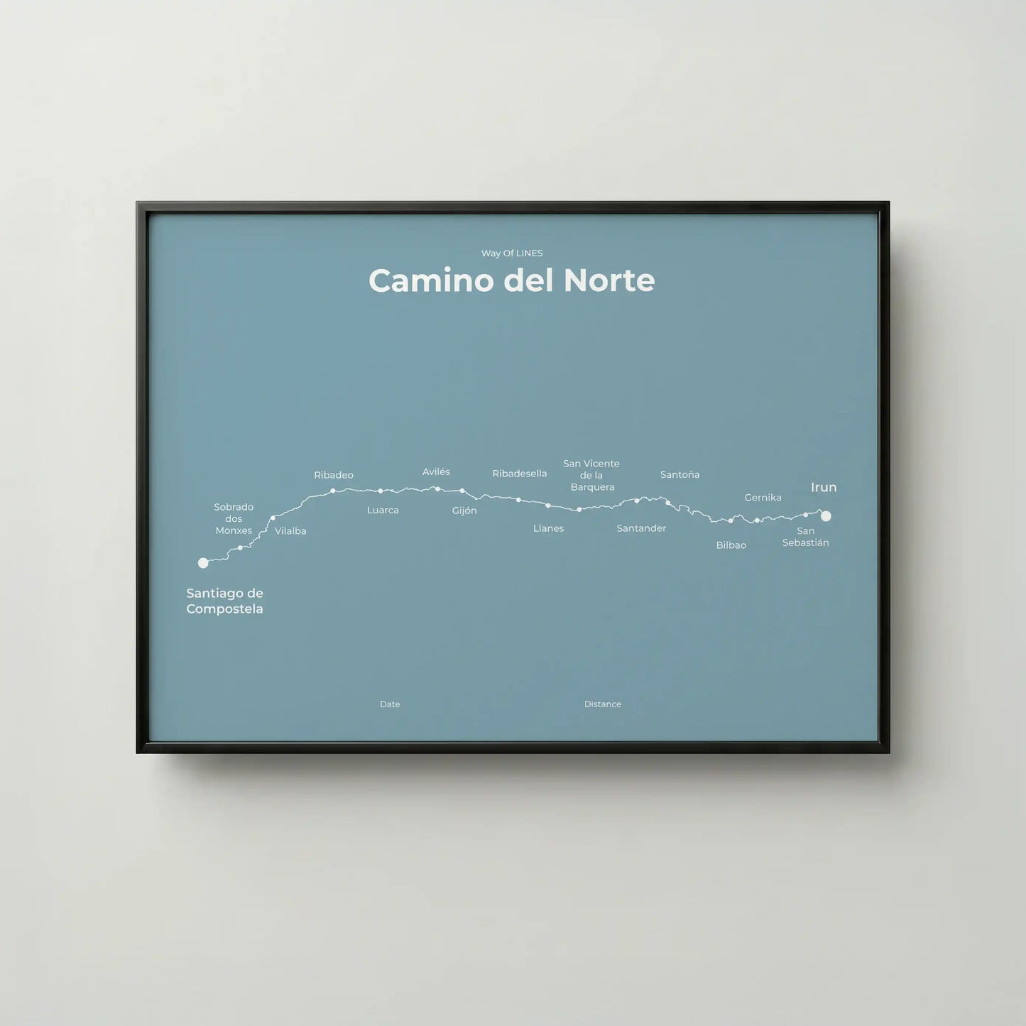 Minimalist Camino del Norte map poster in high mist color, frame mockup.
