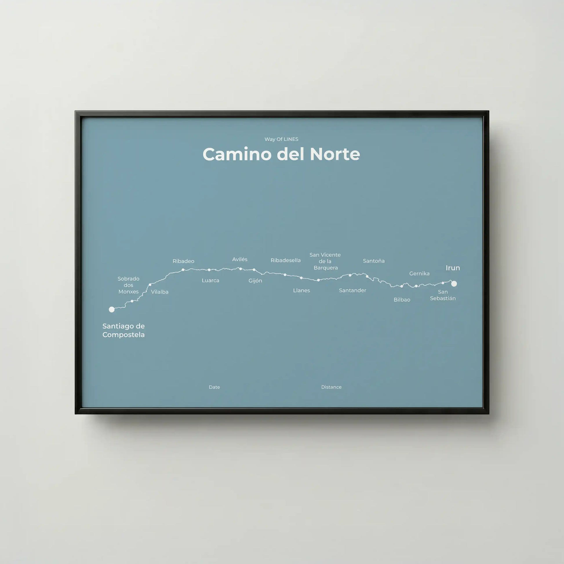 Minimalist Camino del Norte map poster in high mist color, frame mockup.