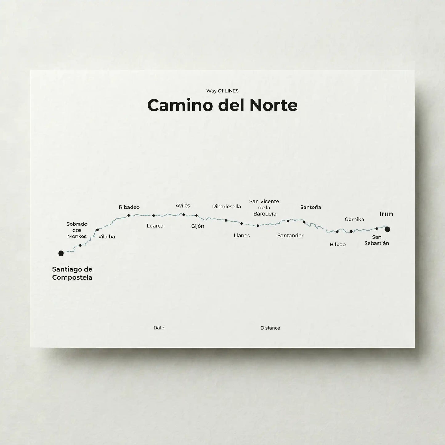 Minimalist Camino del Norte map poster in north drift color.
