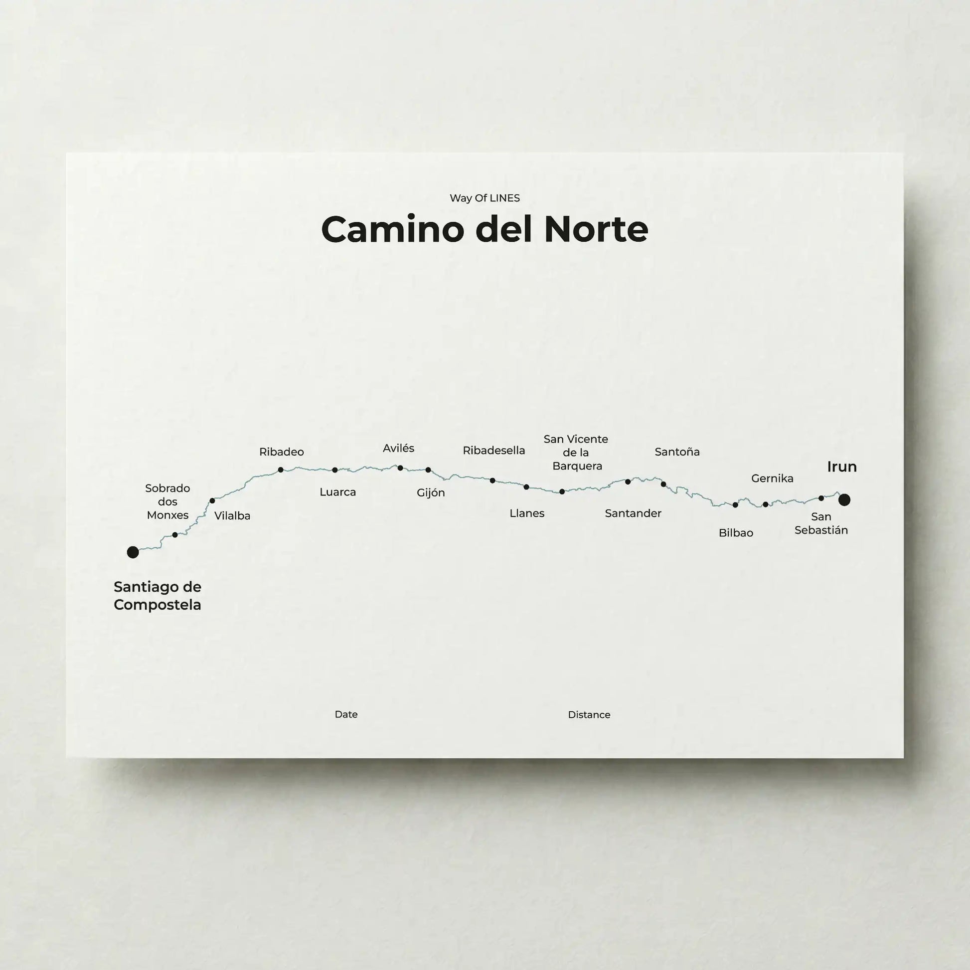 Minimalist Camino del Norte map poster in north drift color.
