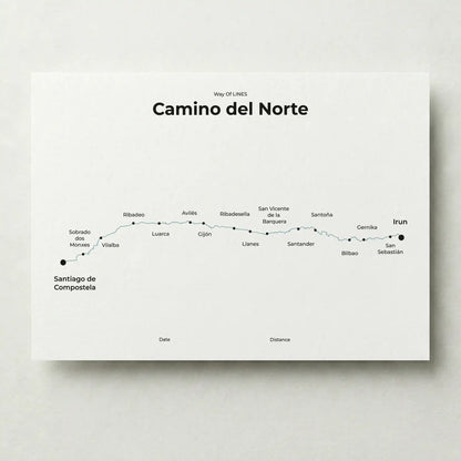 Minimalist Camino del Norte map poster in north drift color.
