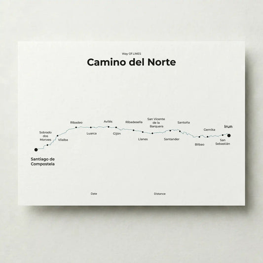 Minimalist Camino del Norte map poster in north drift color.
