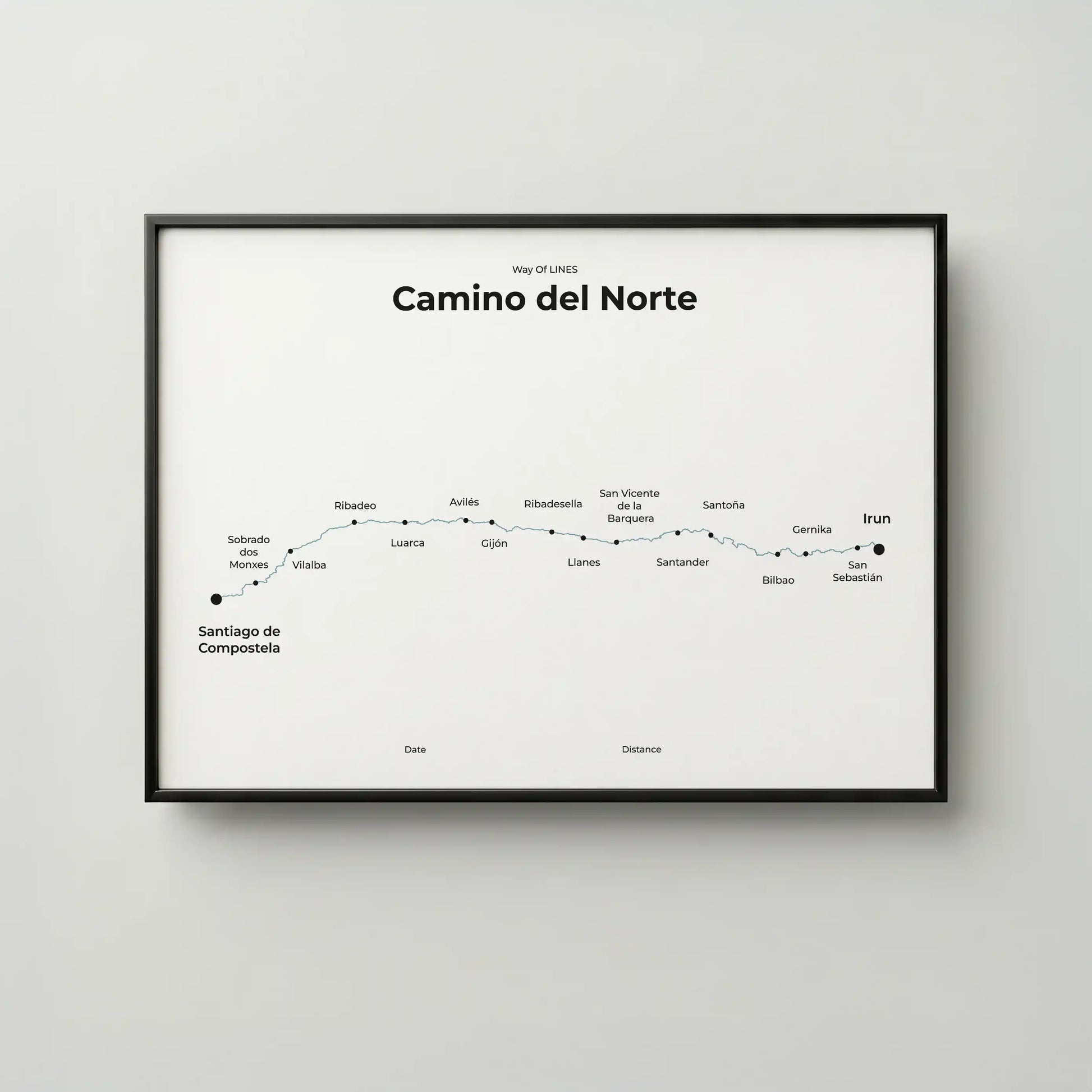 Minimalist Camino del Norte map poster in north drift color, frame mockup.