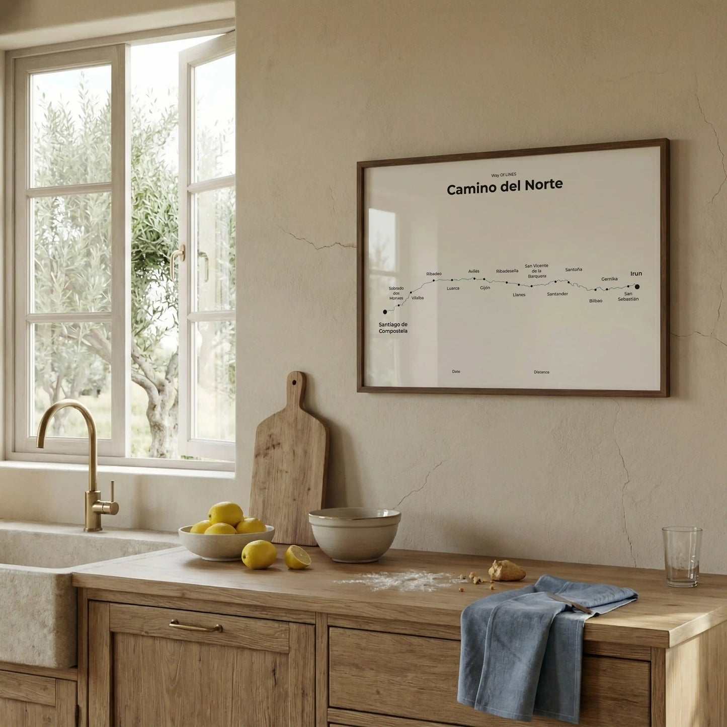 Minimalist Camino del Norte map poster in north drift color, interior mockup.
