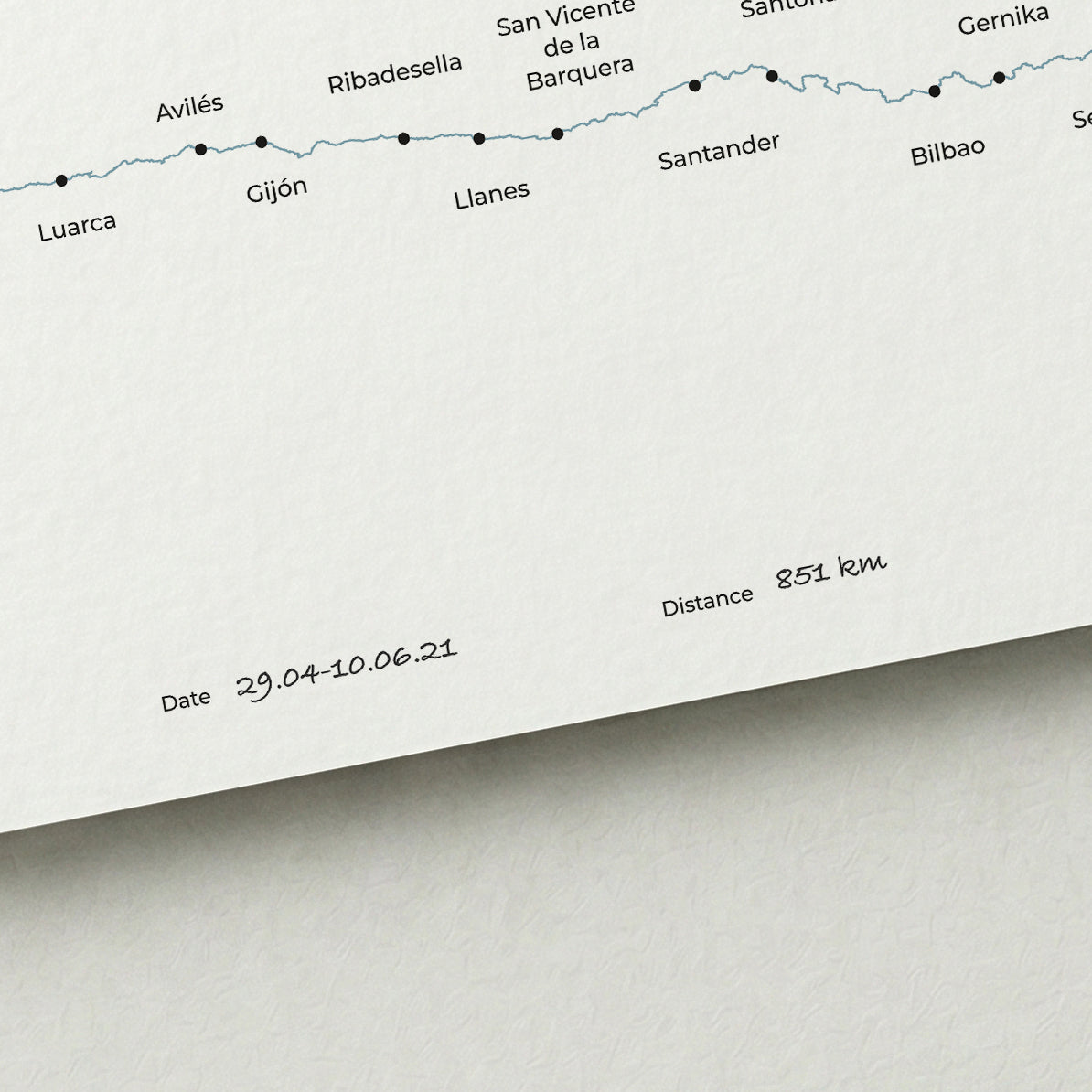 Personalized Camino del Norte map poster with handwritten date and distance details.
