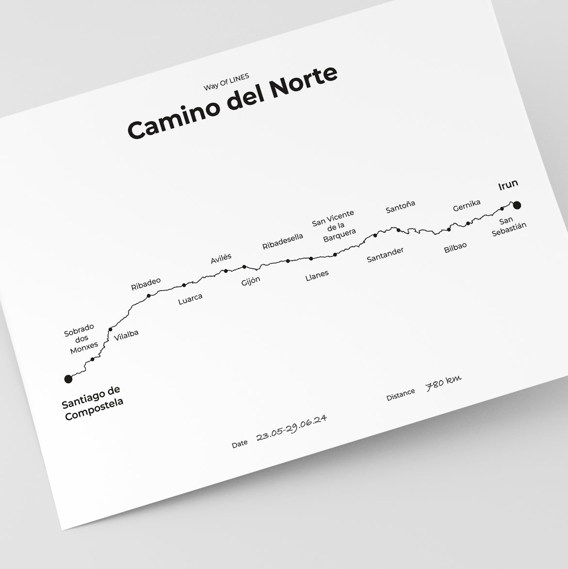 Minimalist Camino del Norte map poster in quiet black color.