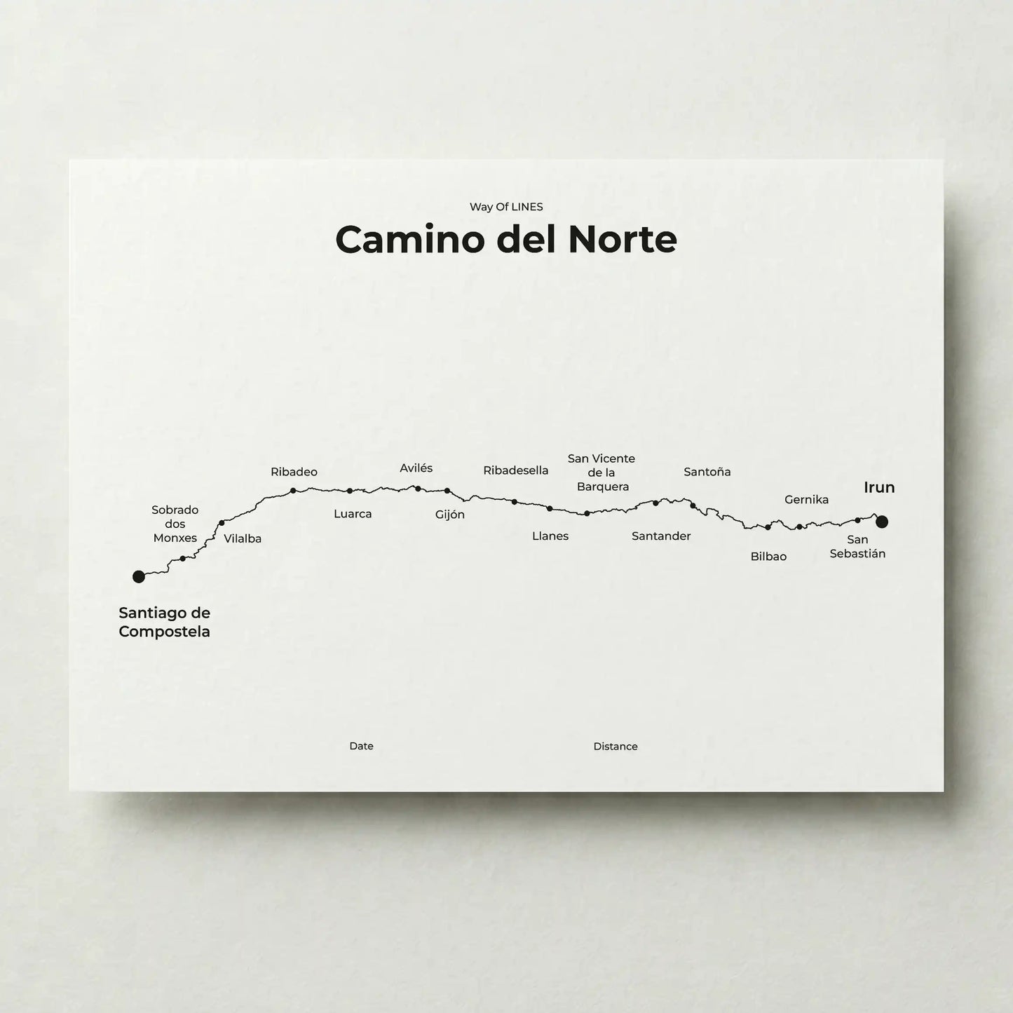 Minimalist Camino del Norte map poster in quiet black color.