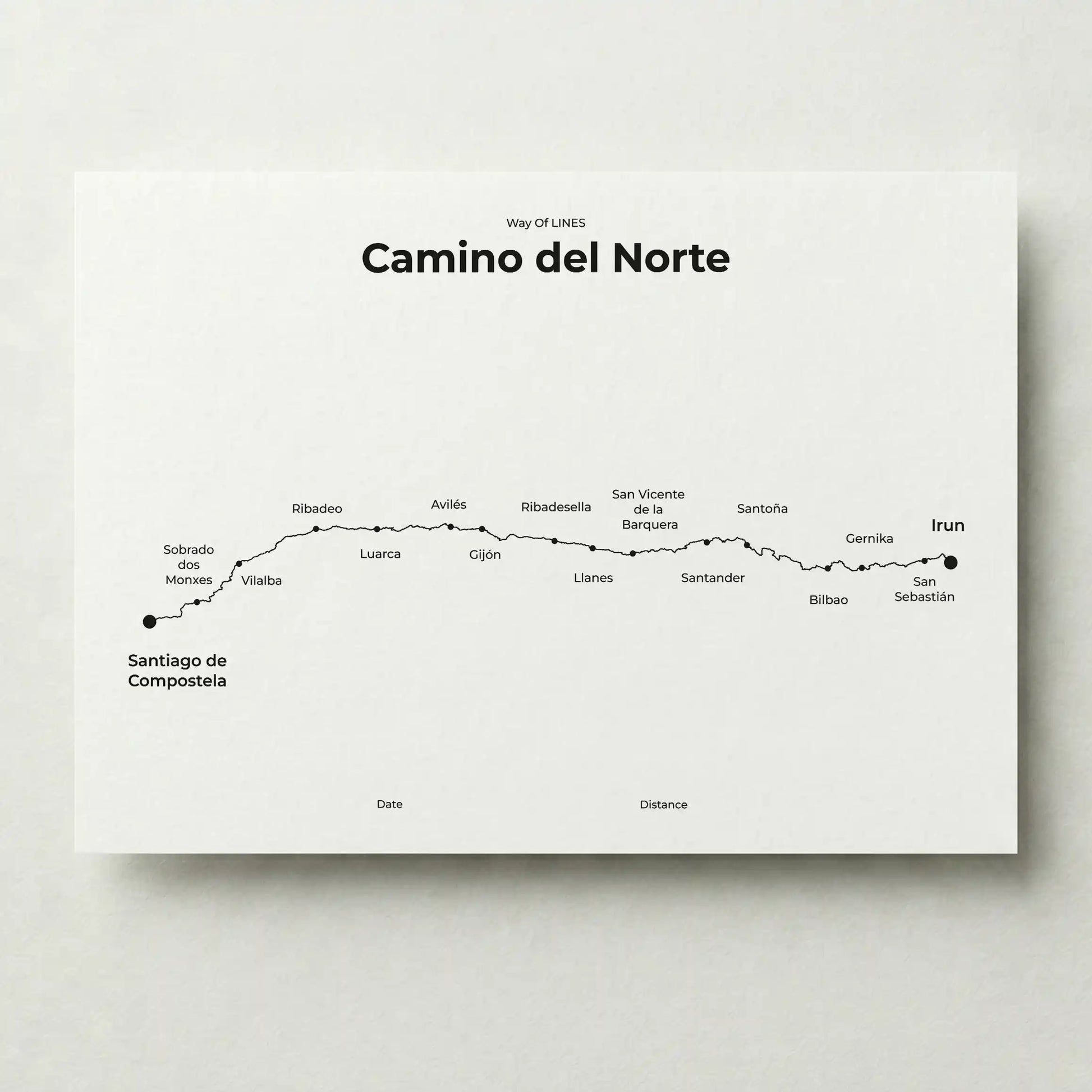 Minimalist Camino del Norte map poster in quiet black color.