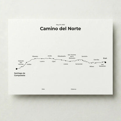 Minimalist Camino del Norte map poster in quiet black color.