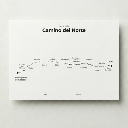 Minimalist Camino del Norte map poster in quiet black color.