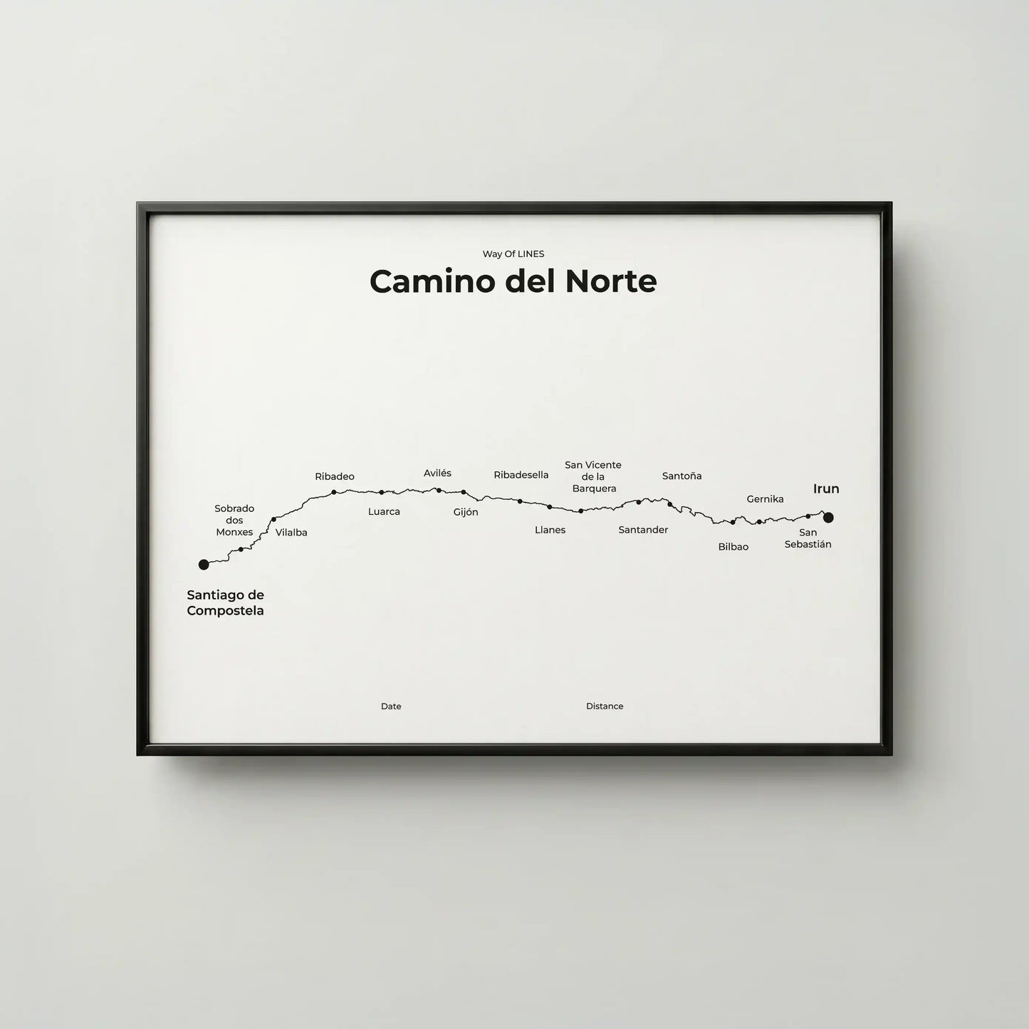 Minimalist Camino del Norte map poster in quiet black color, frame mockup.