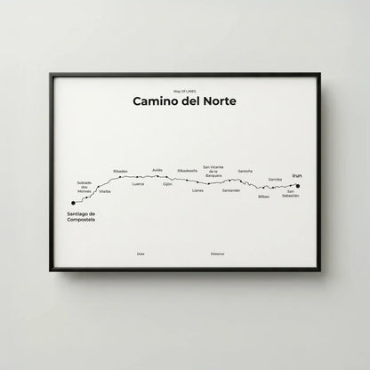 Minimalist Camino del Norte map poster in quiet black color, frame mockup.