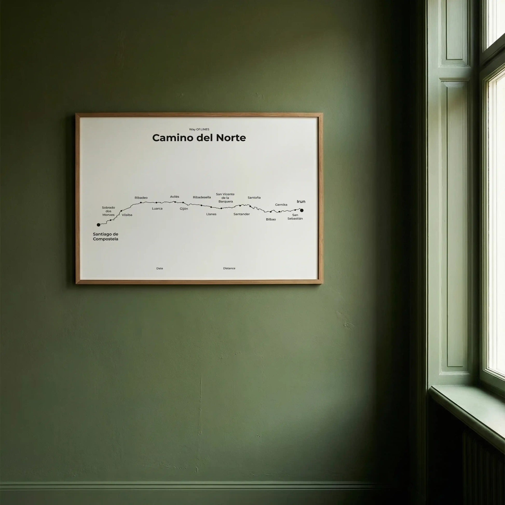Minimalist Camino del Norte map poster in quiet black color, interior mockup.
