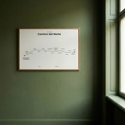 Minimalist Camino del Norte map poster in quiet black color, interior mockup.
