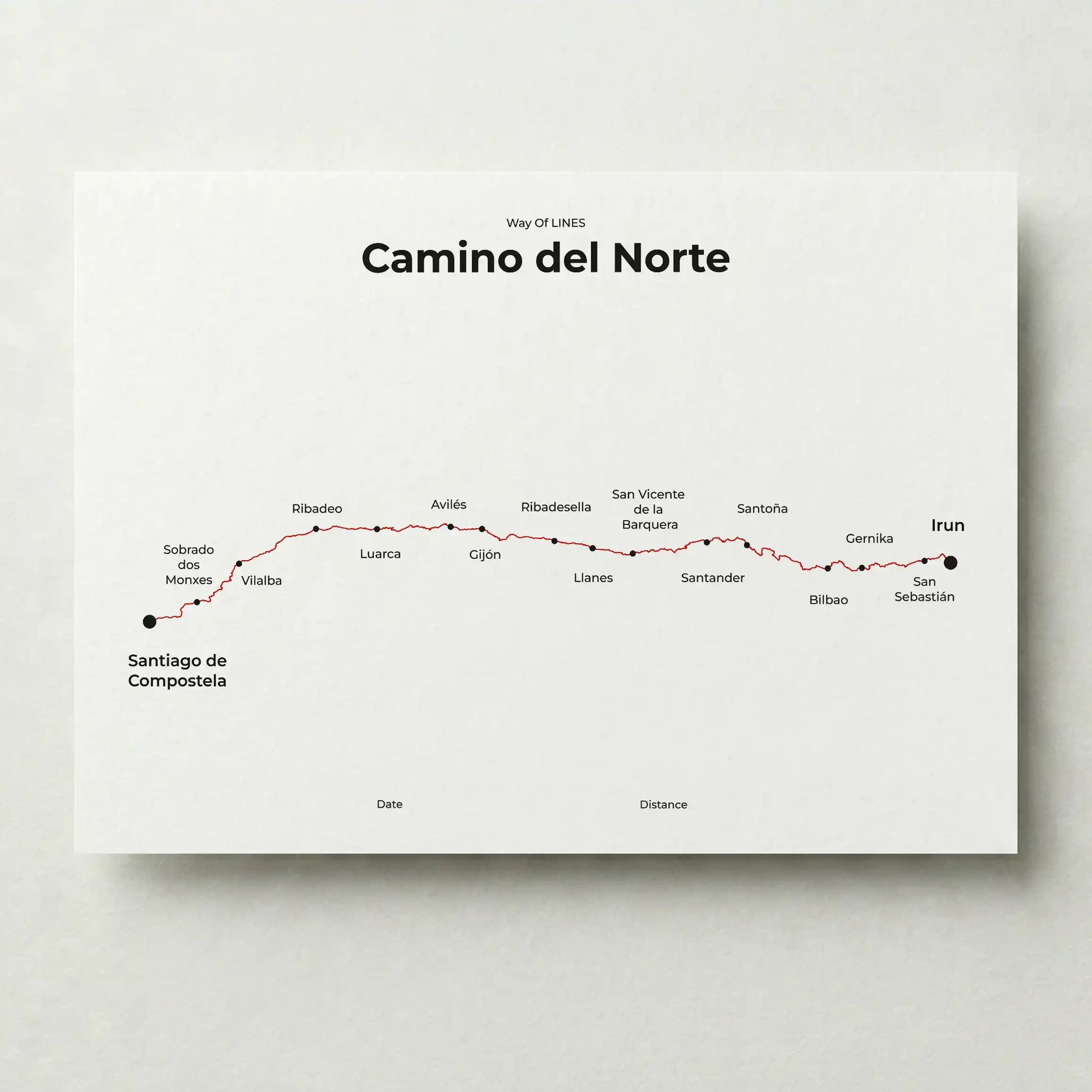  Minimalist Camino del Norte map poster in red beacon color.