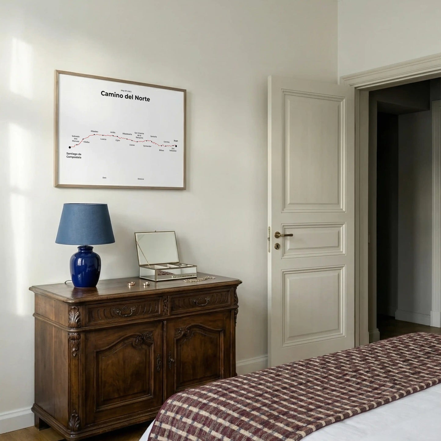Minimalist Camino del Norte map poster in red beacon color, interior mockup.
