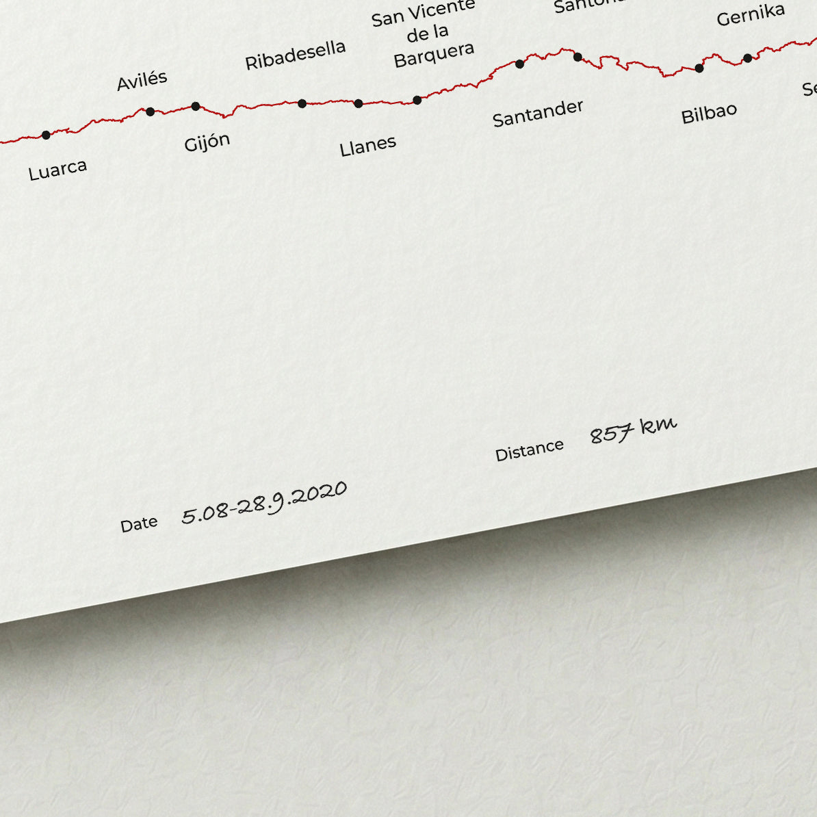 Personalized Camino del Norte map poster with handwritten date and distance details.
