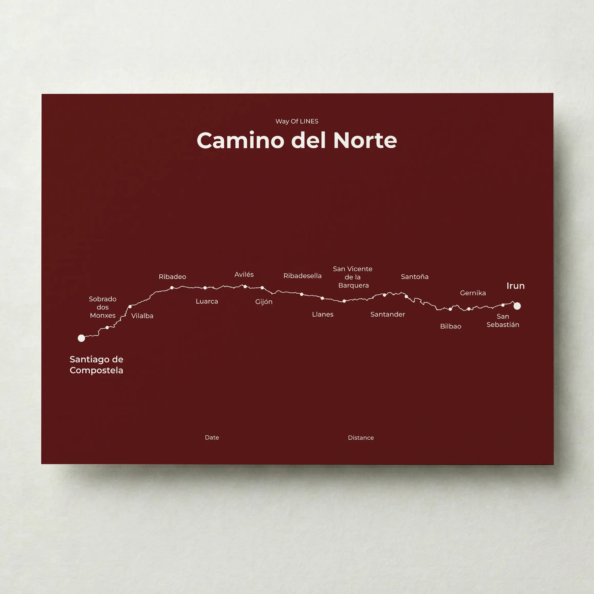Minimalist Camino del Norte map poster in reserve red color.