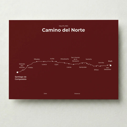 Minimalist Camino del Norte map poster in reserve red color.