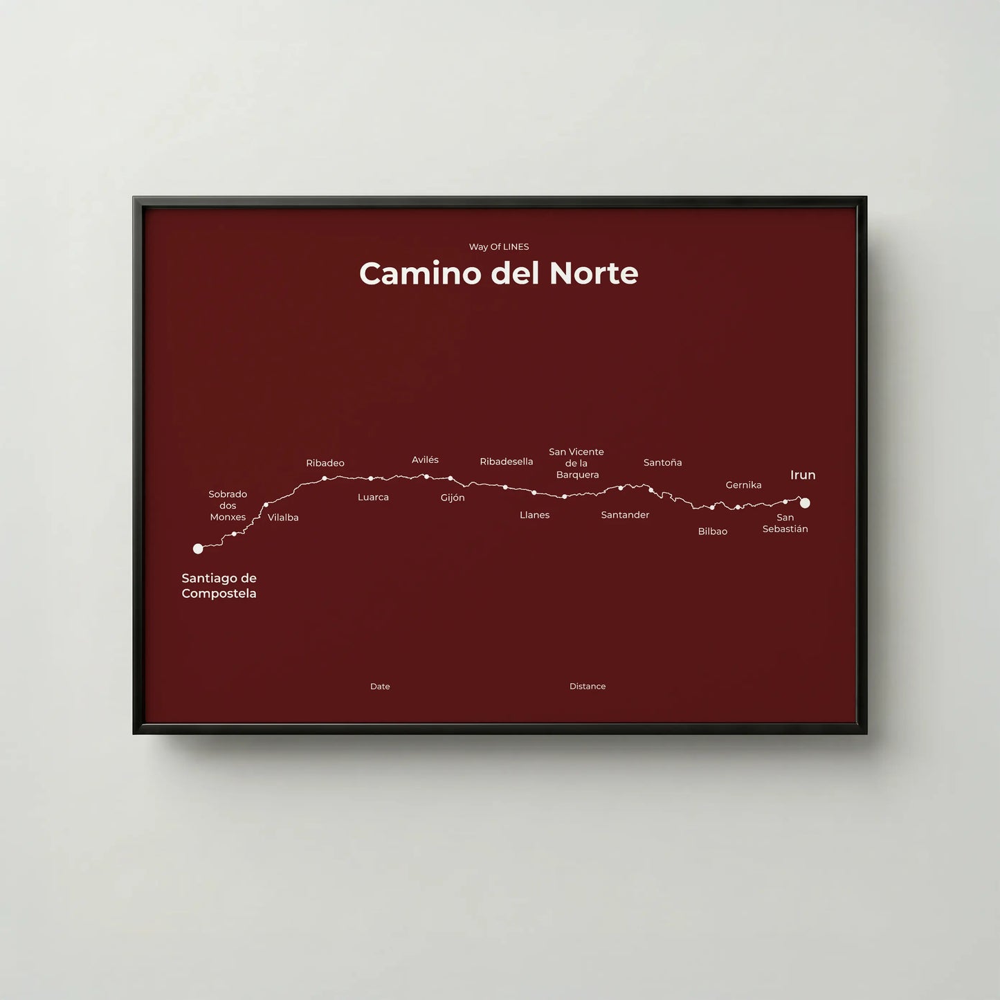 Minimalist Camino del Norte map poster in reserve red color, frame mockup.