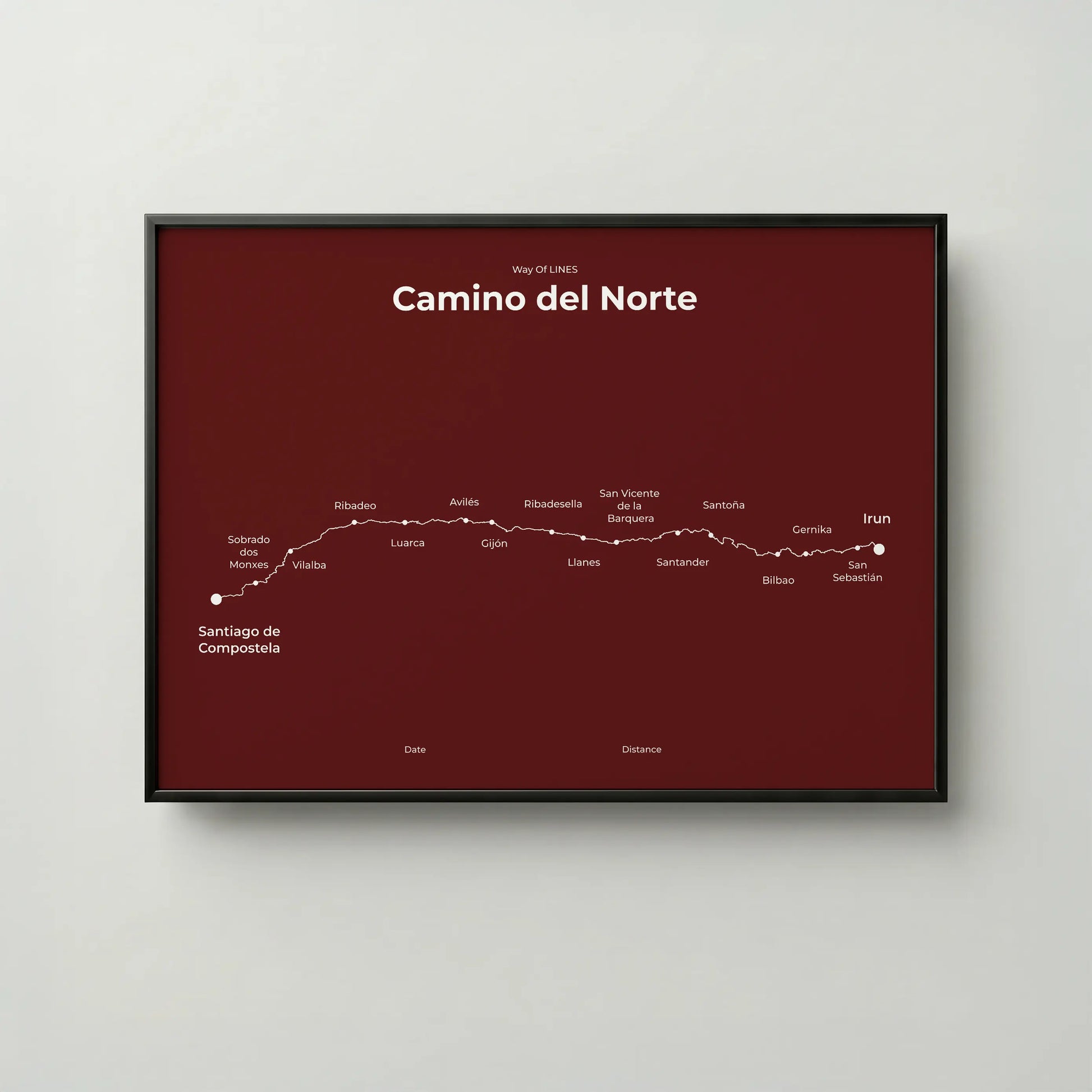 Minimalist Camino del Norte map poster in reserve red color, frame mockup.