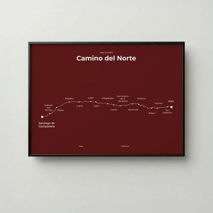 Minimalist Camino del Norte map poster in reserve red color, frame mockup.