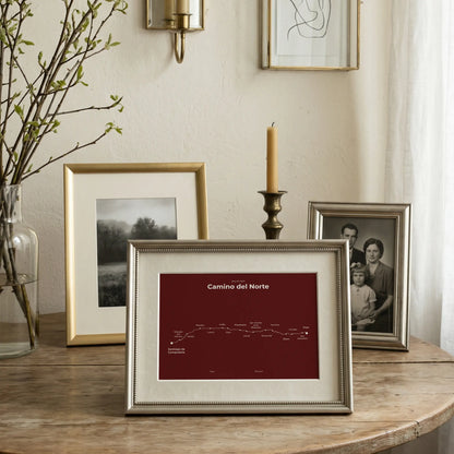 Minimalist Camino del Norte map poster in reserve red color, interior mockup.