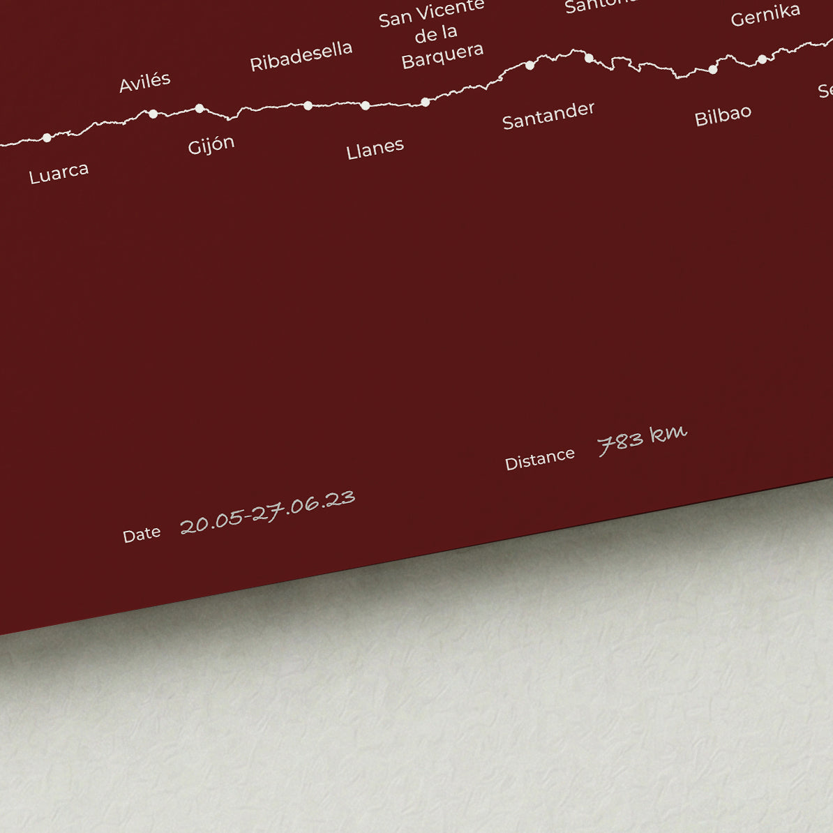 Personalized Camino del Norte map poster with handwritten date and distance details.
