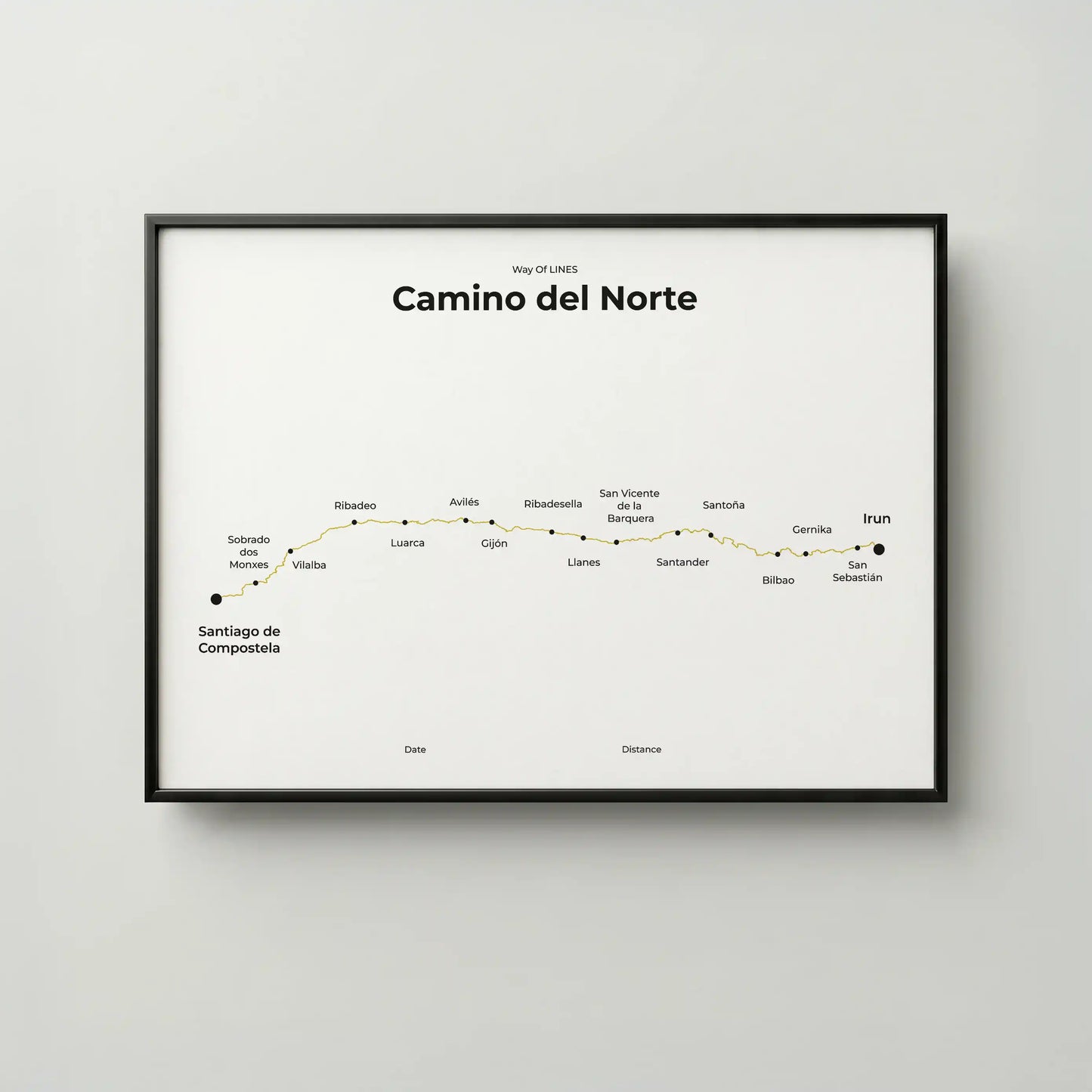 Minimalist Camino del Norte map poster in sunworn color, frame mockup.