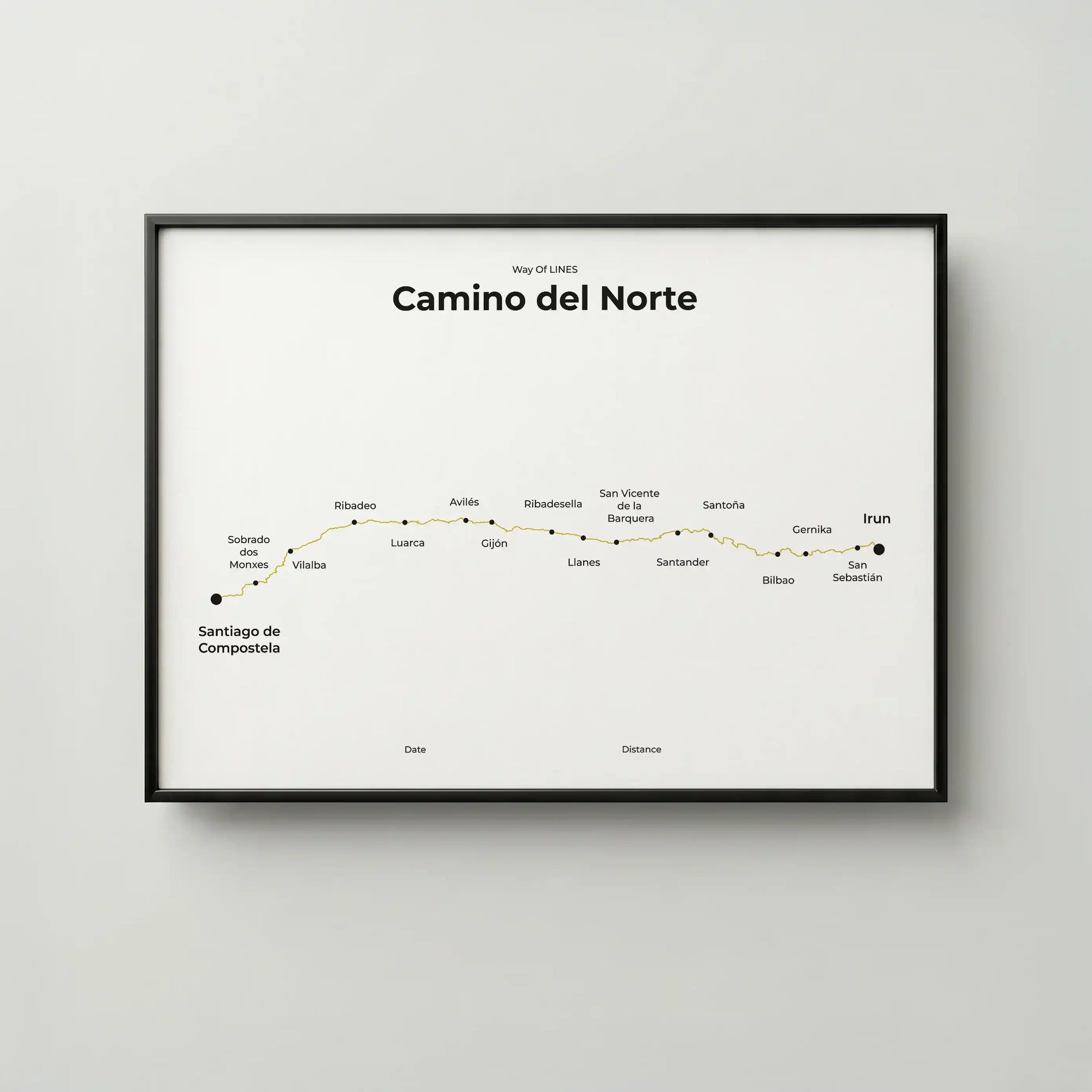 Minimalist Camino del Norte map poster in sunworn color, frame mockup.