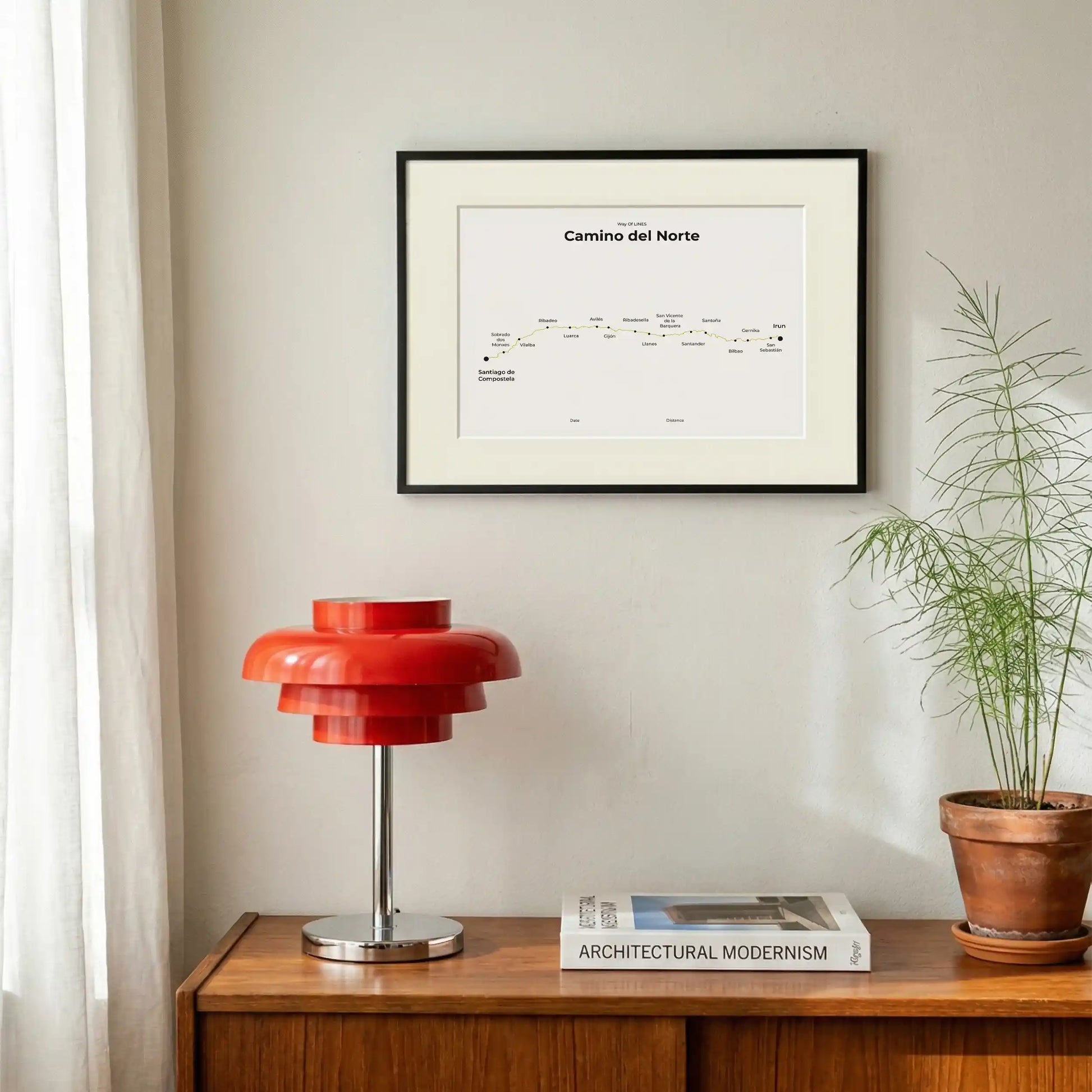 Minimalist Camino del Norte map poster in sunworn color, interior mockup.
