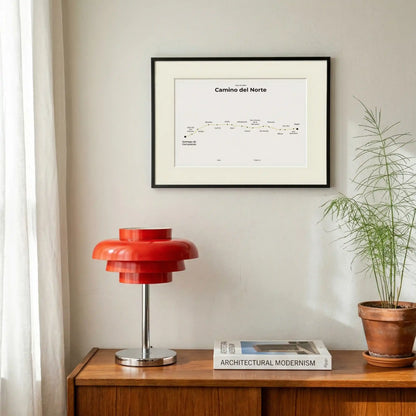 Minimalist Camino del Norte map poster in sunworn color, interior mockup.
