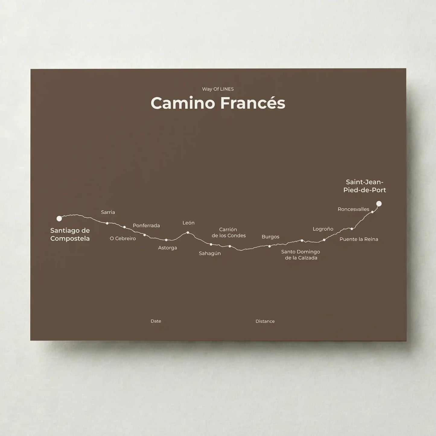 Minimalist Camino Francés map poster in ashen clay color.
