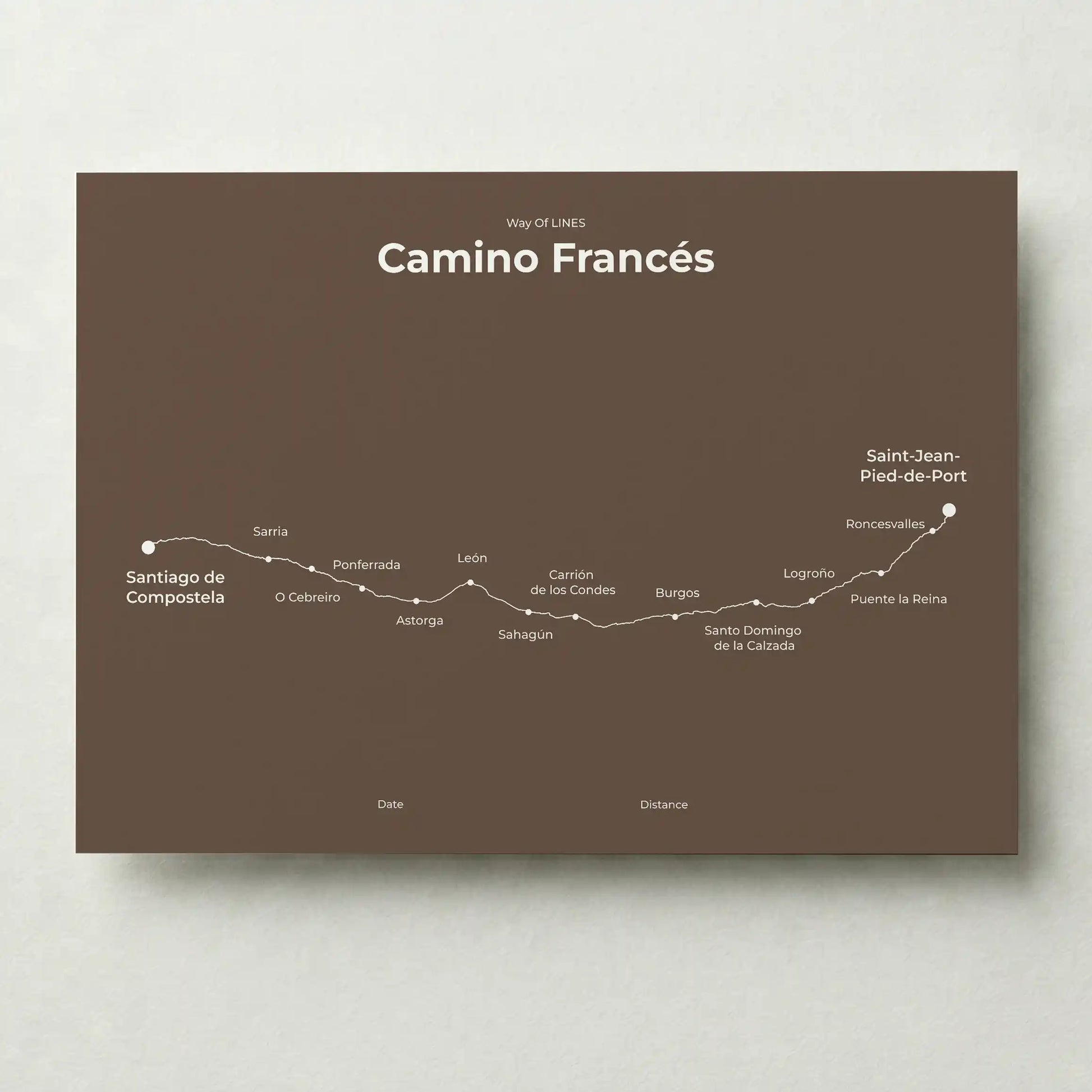 Minimalist Camino Francés map poster in ashen clay color.
