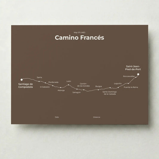 Minimalist Camino Francés map poster in ashen clay color.
